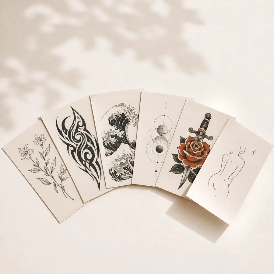 Tattoo flash cards fanned out, each in a different style