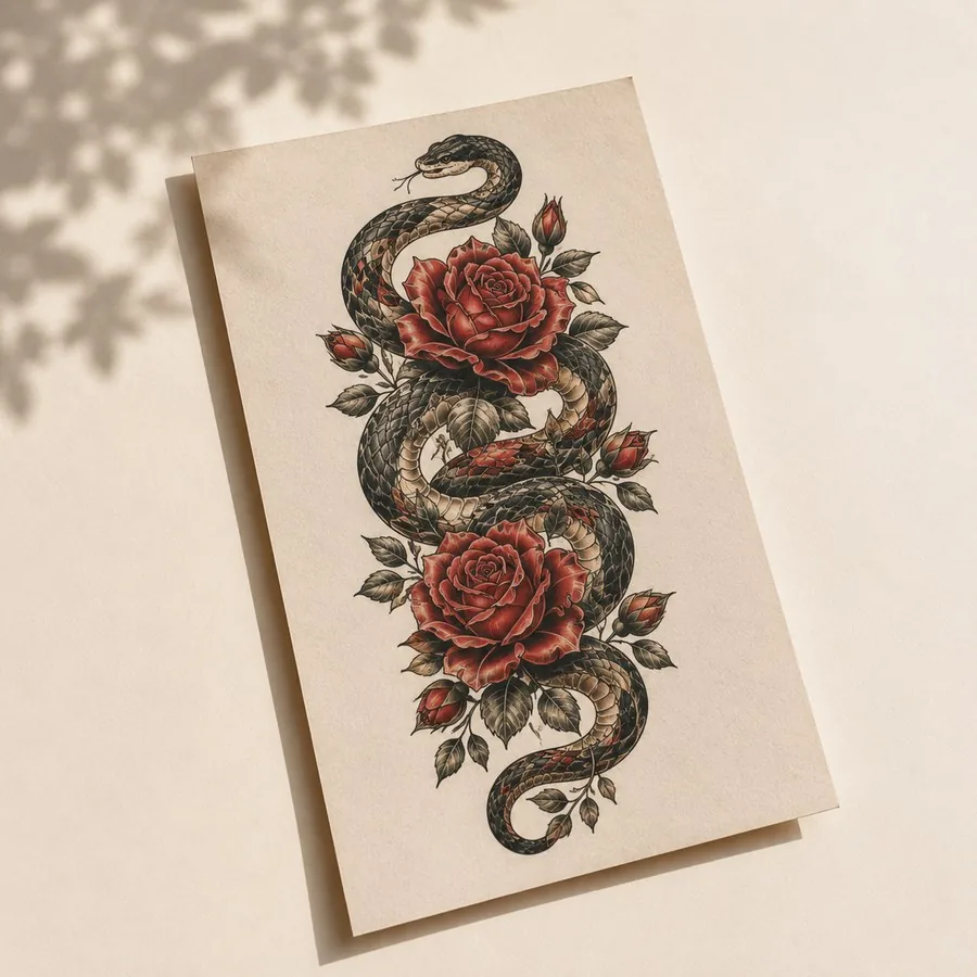 A snake and roses design drawn in Tatted, printed as flash on paper