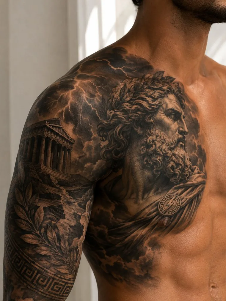 A classical statue and architecture sleeve in black and grey across a shoulder and chest