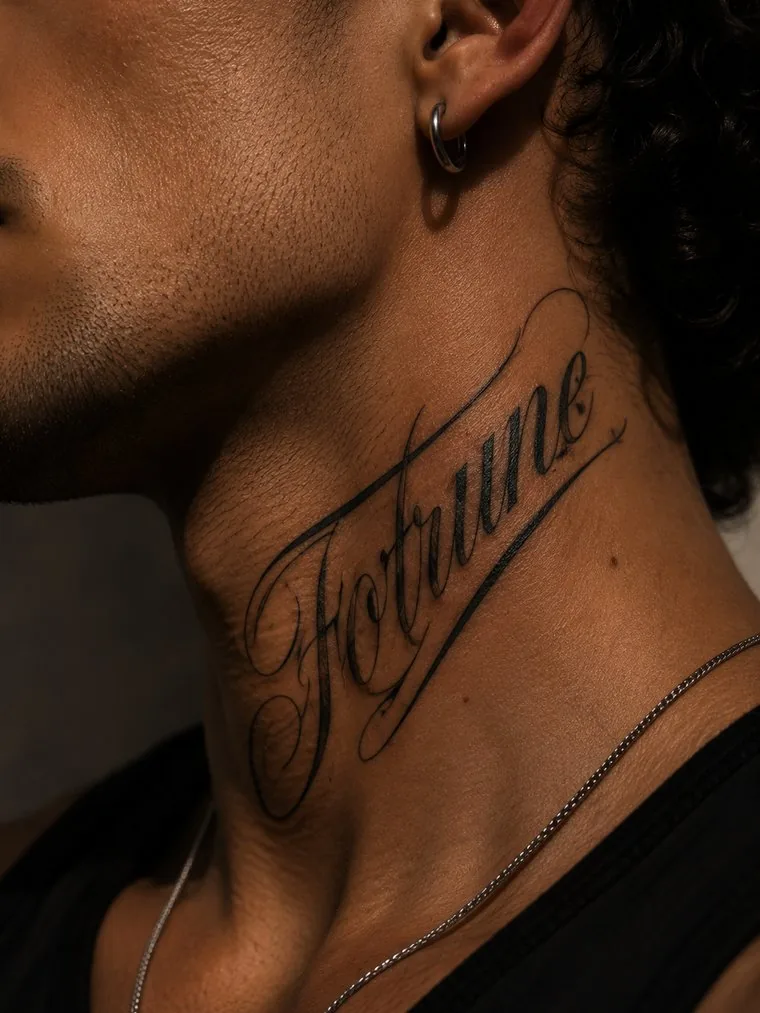 Ornate script reading Fortune tattooed across the side of the neck